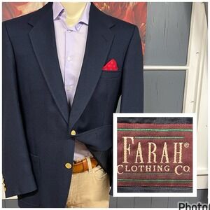 Vintage Farah Textured Blazer Golden Buttons Mens 44R Polyester Rayon Dark Navy